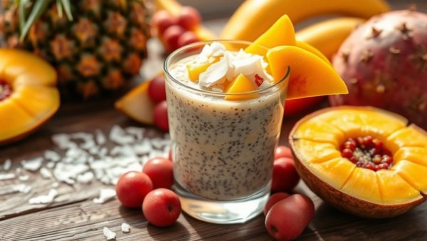 Vibrant tropical chia pudding in a glass with fresh mango and coconut.