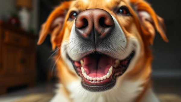 Close-up of happy dog smiling showcasing health.
