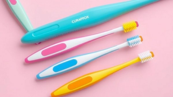 Colorful Curaprox toothbrushes showcasing Swiss quality on pink.
