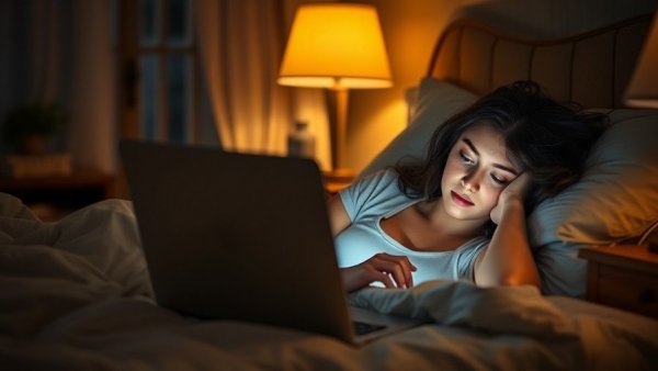 Woman using laptop at night, highlighting nighttime light exposure heart disease risk.