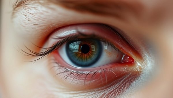 Close-up of an eye indicating dry eye after LASIK, subtle redness.