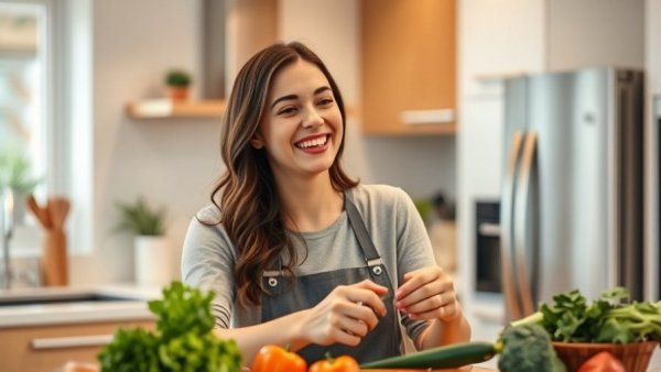 Young woman cooking in a kitchen, enhancing metabolism