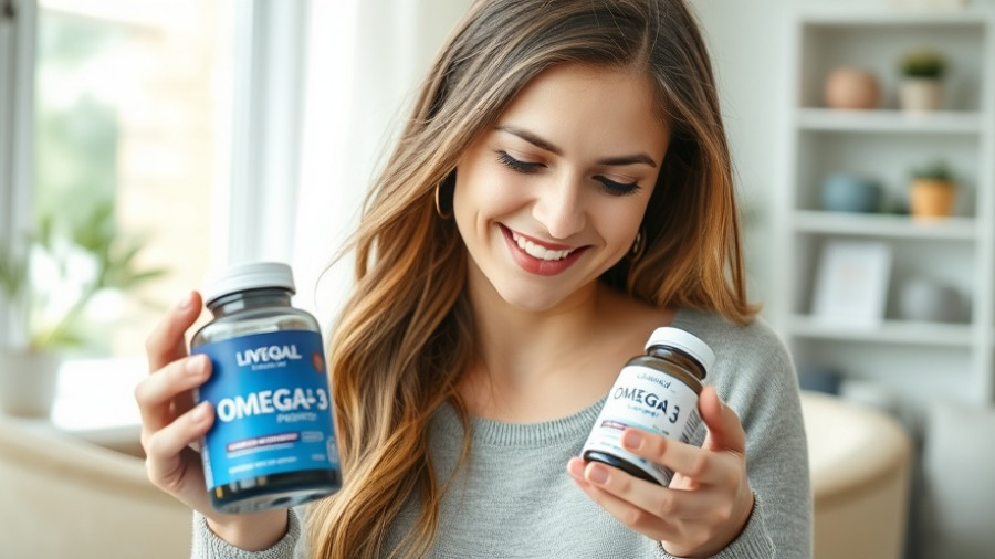 Smiling young woman examining omega-3 fatty acids supplement bottle at home.