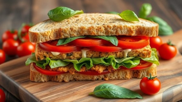 Delicious Tempeh BLT with Vegan Mayo on a wooden board.