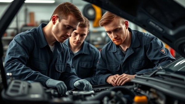 Mechanics inspecting car engine; apprenticeships crisis threatens small-business growth.