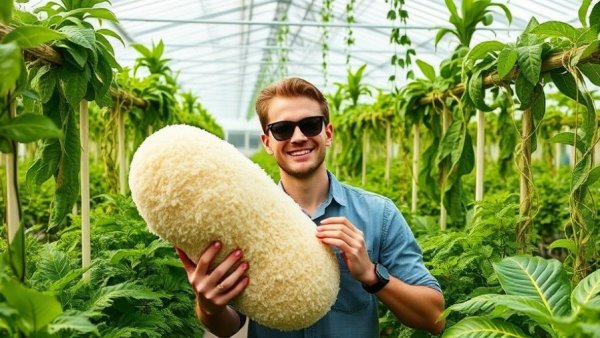 Man showcasing niche crop opportunities with a loofah sponge in a greenhouse.