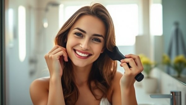 Woman brushing hair in bathroom emphasizing daily collagen supplementation benefits.