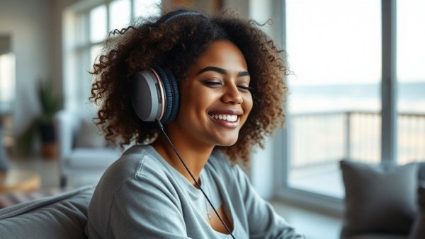 Young woman in headphones relaxing on a bed, learning how to improve memory.