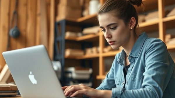 Young woman working on laptop in workshop, support for sole traders.