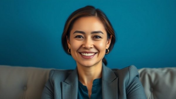 Portrait of a professional woman smiling, burnout among high-functioning women theme.