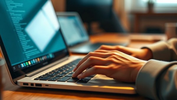 Hands typing on laptop, interest in side hustles, softly lit workspace.