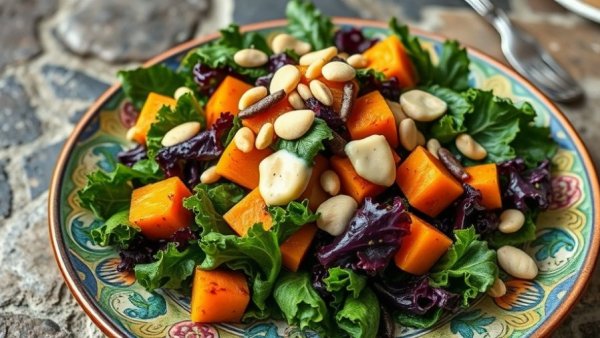 Vibrant roast pumpkin and kale salad with creamy dressing on fancy plate.