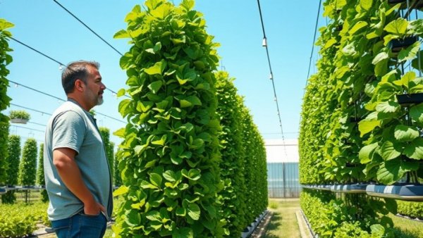 Man inspecting vertical plants in low water use hydroponic farm.