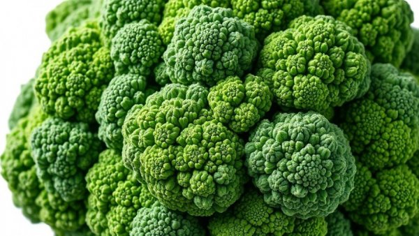 Fresh broccoli highlighting health benefits, vibrant green texture on white background.