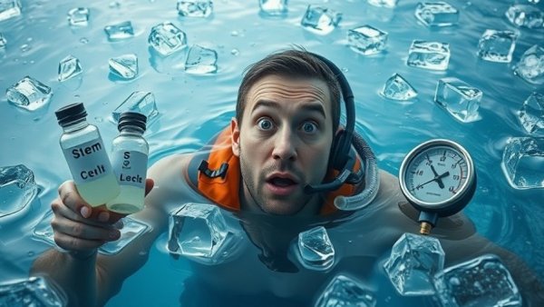 Man in icy water with vial and gauge for natural energy support.