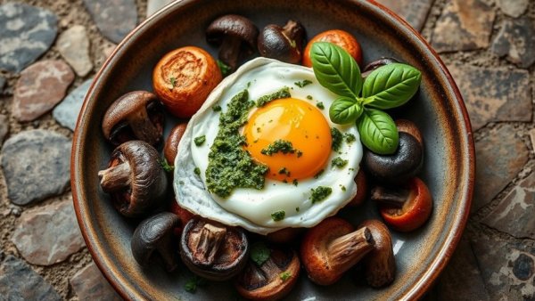Rustic pesto eggs and mushrooms recipe on a textured plate.