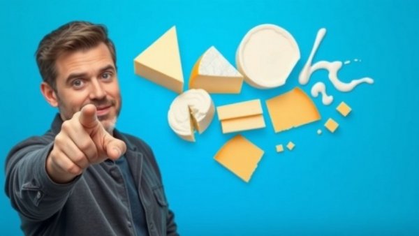 Display of cheese, yogurt, and milk with a person pointing, highlighting the Healthiest Food on Earth.