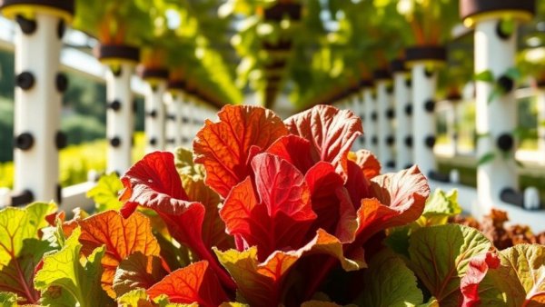 Vibrant Lollo Rosso lettuce thriving on aeroponic tower for maximizing cultivation.