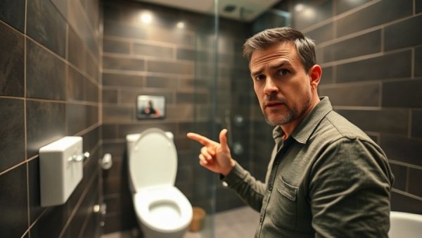 Man emphasizing health factors beyond aging in bathroom setting.