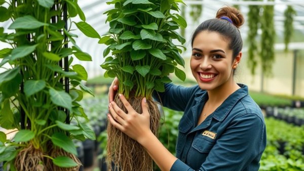 Lush vertical farm showcasing root health, vibrant greens.