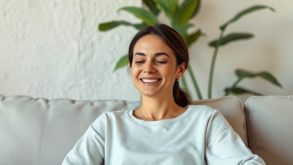 Serene woman smiling on couch, Yoga for starting again inspiration.