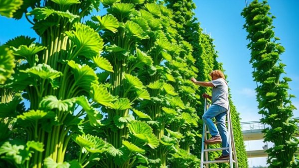 Vertical hydroponic system for high-density celery cultivation outdoors.