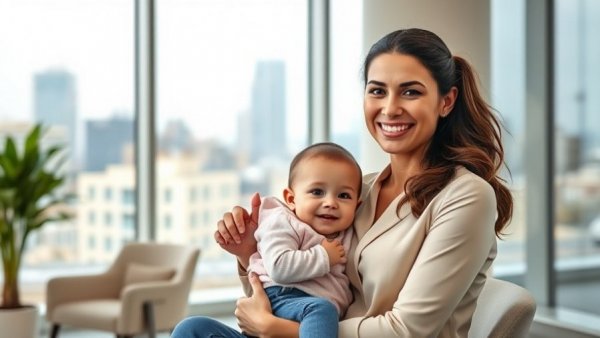 Maternity leave business design problems: working mother holding child in office.