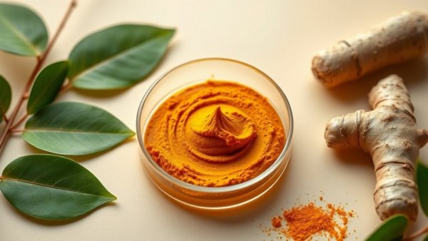 Curcumin paste in petri dish with lime leaves and ginger, Curcumin for indigestion relief.