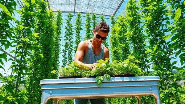 Young person tending plants in an aeroponic mint farm outdoors.