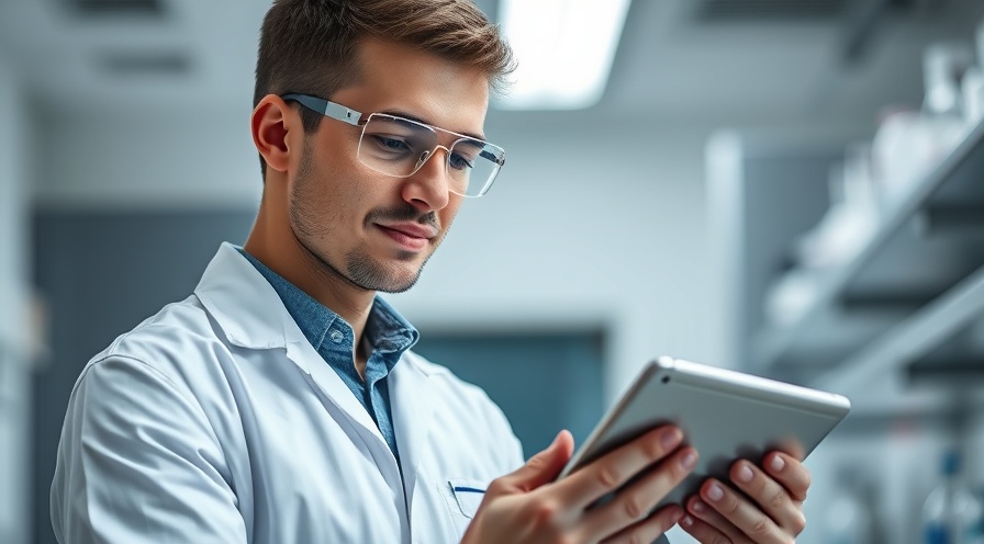 Confident professional in lab assessing food processing additives with a digital tablet.