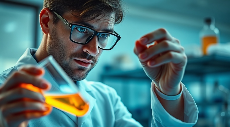 Scientist in lab coat examining caustic soda flakes and food additives in vibrant vial.