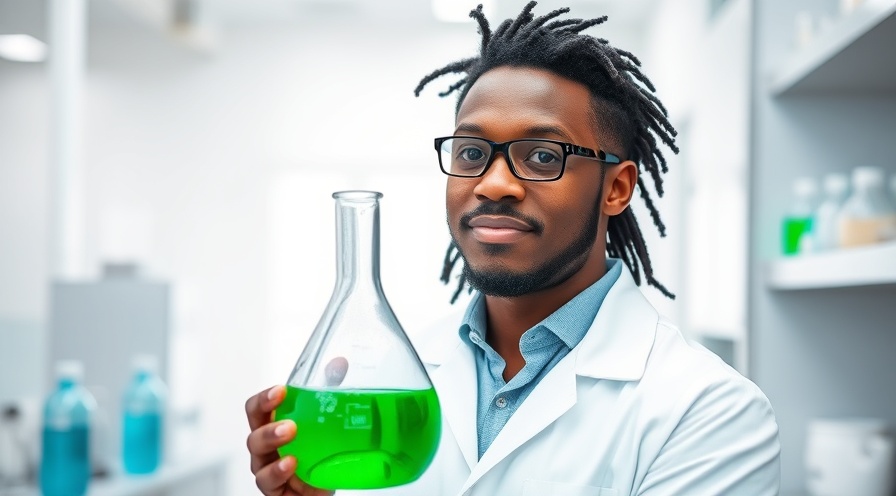 Confident scientist in modern lab promotes chemical sustainability with vibrant green liquid.