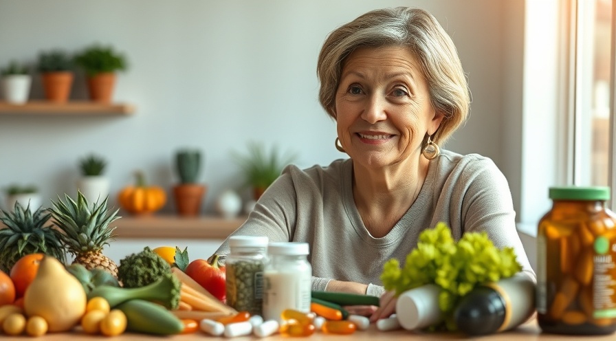 Happy woman contemplating natural foods and supplements, emphasizing mold mycotoxins.