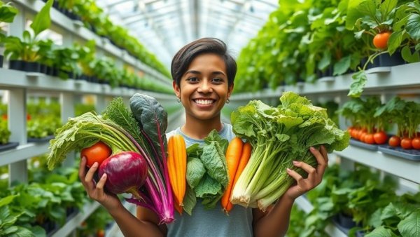 Person with vegetables in a vertical farm setting