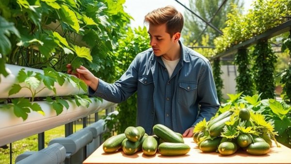 Man inspecting low water use aeroponic farm with harvested cucumbers.