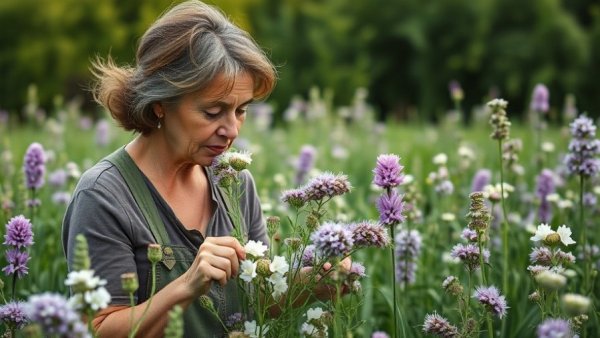 Woman harvesting flax plants in a vibrant field, highlighting flaxseeds health benefits.