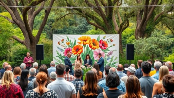 Attendees at sustainability events in Australia with floral backdrop.