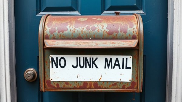 Old mailbox with 'no junk mail' sign against a blue door.