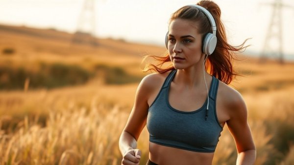 Athletic woman walking with headphones at sunrise, effective walking tips