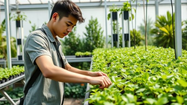 Person preparing hydroponic plants in vertical farming setup.