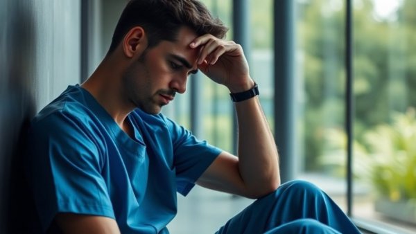 Man in scrubs looking stressed, sitting by a window.