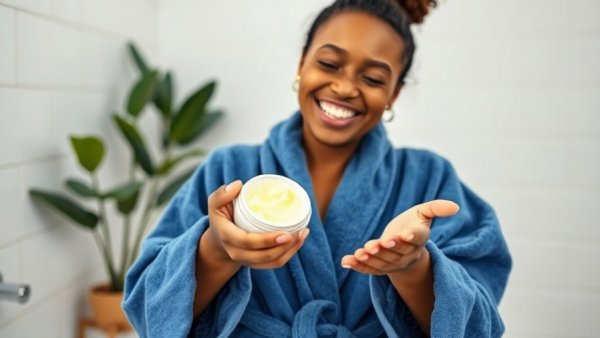 Joyful woman applying shea butter, showcasing benefits of shea butter for skin.