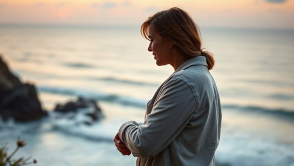 Couple embracing at sunset by the ocean, representing dating on emotional capacity.