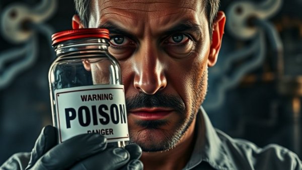 Close-up of poison-labeled jar with toxic sign alongside a serious man, emphasizing the most damaging carb for energy.
