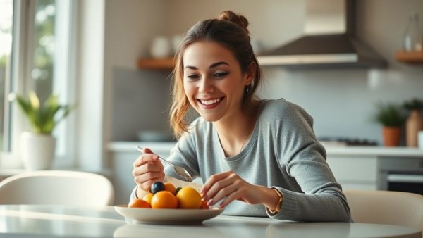 Woman enjoying healthy breakfast, sticking to a healthy diet.