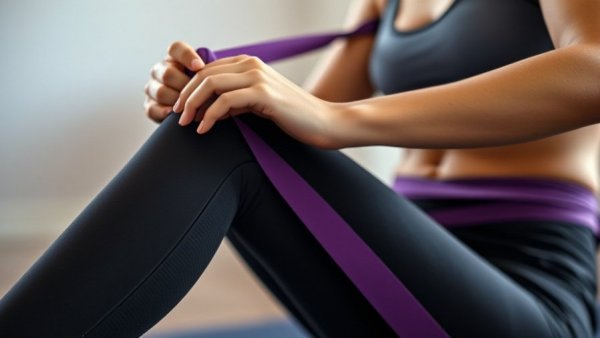 Close-up of legs with resistance band during workout.