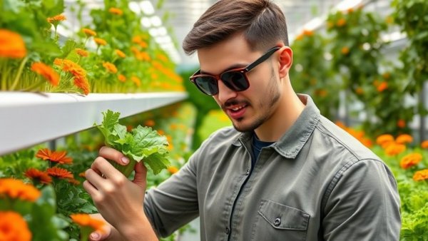 Young man examining hydroponic lettuce in a vertical farm, showcasing Vertical Farming Innovations.