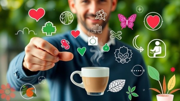 Vibrant health collage with man, wellness icons, and coffee for tighten loose skin after 40.