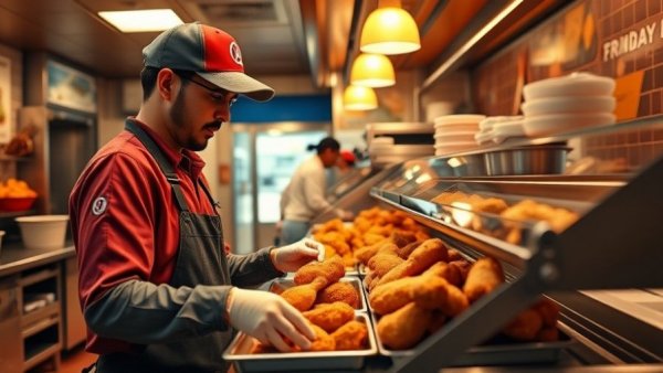 Fast food worker arranging fried chicken under warm lights, illustrating minimum wage impact on small businesses.