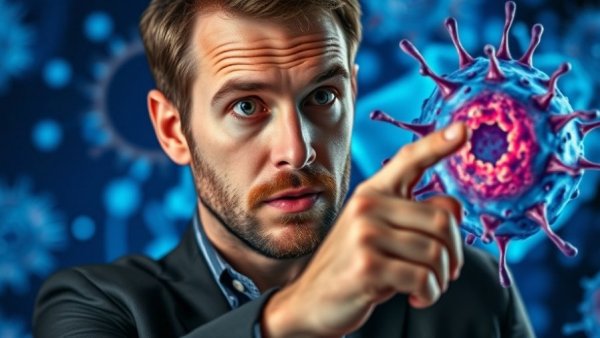 Focused man points at targeted cell in a scientific illustration.